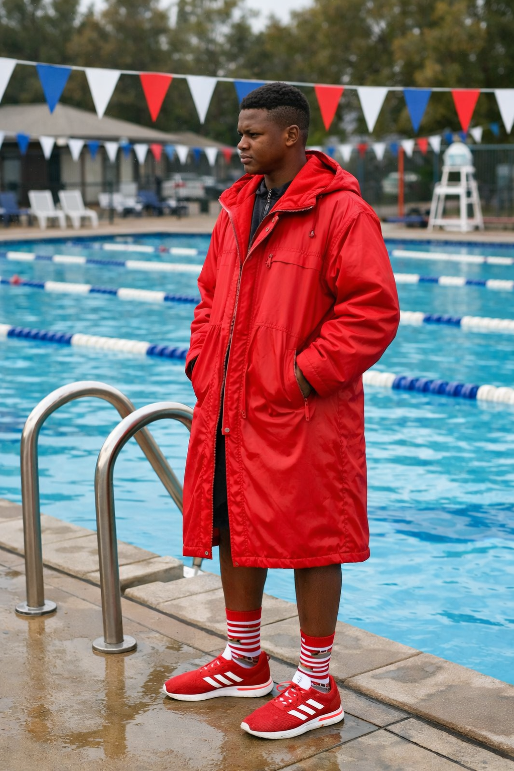swimmer in red polar fleece parka by the pool